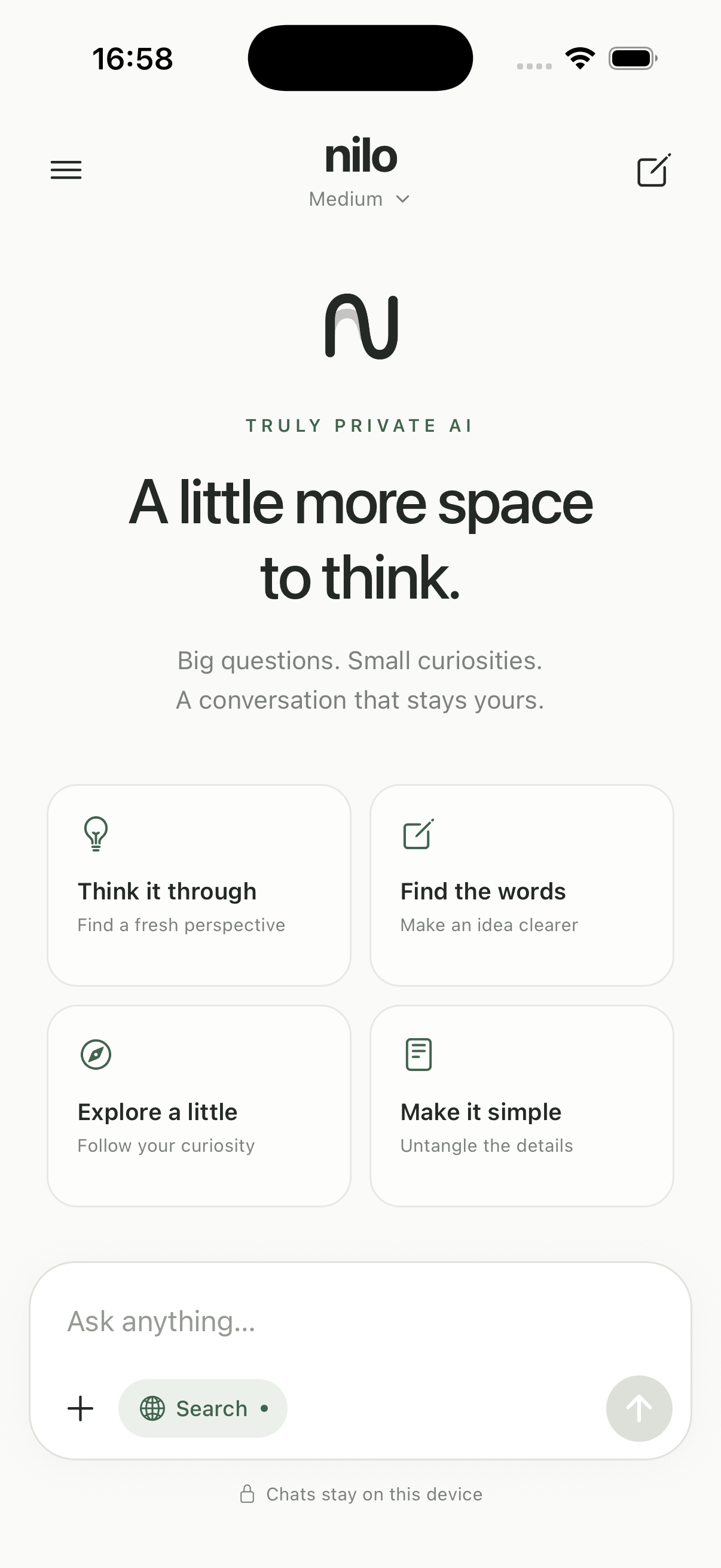 Nilo on iPhone, with conversation starters, document attachments, and optional web search.